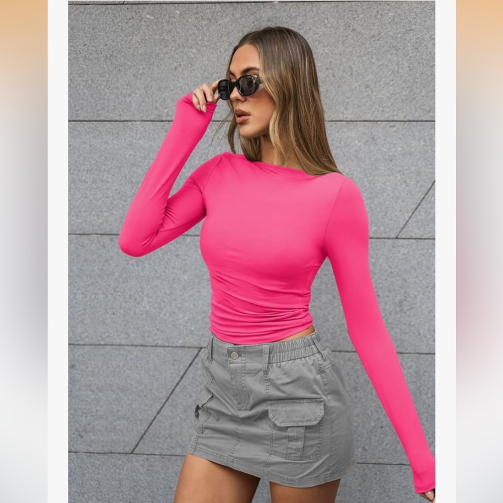 Hot Pink Long Sleeve Top and Gray Mini Skirt